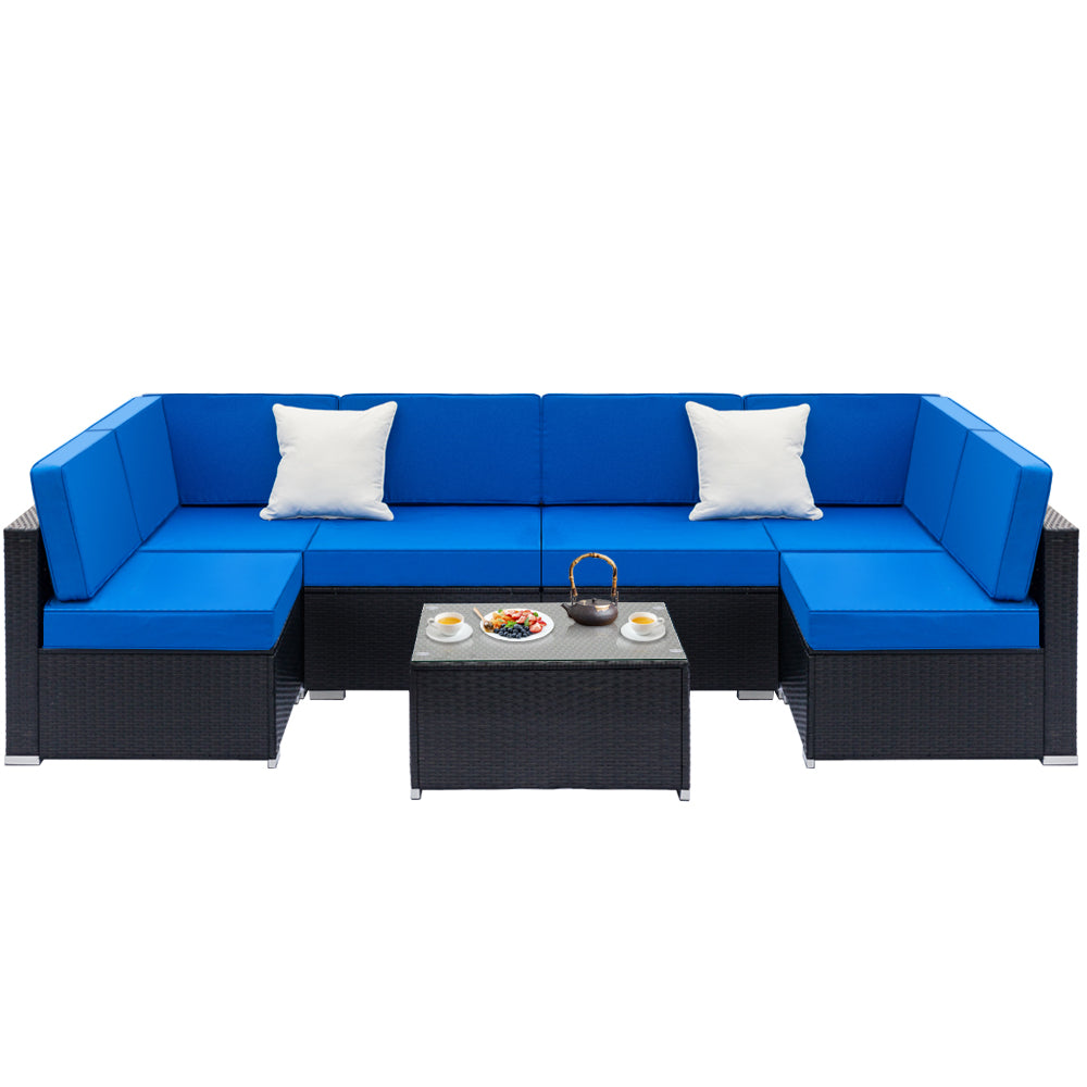 Fully Equipped Weaving Rattan Sofa Set with 2pcs Middle Sofas & 4pcs Single Sofas & 1 pc Coffee Table Black Embossed   - Woven Rattan