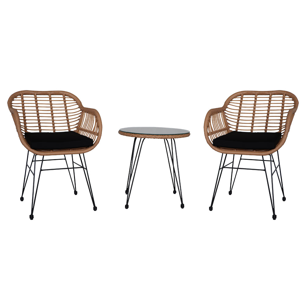 Oshion 3 pcs Wicker Rattan Patio Conversation Set with Tempered Glass Table  Flaxen Yellow