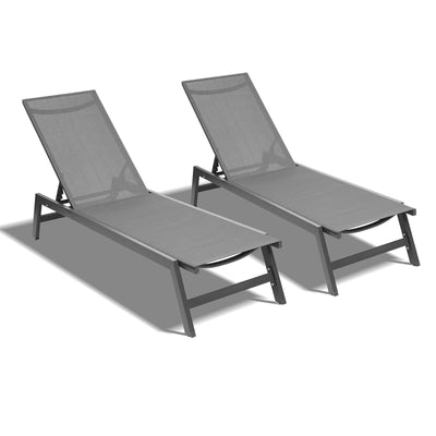 Outdoor 2-Pcs Set Chaise Lounge Chairs, Five-Position Adjustable Aluminum Recliner,All Weather For Patio, Beach, Yard, Pool ( Gray Frame/ Dark Gray fabric)