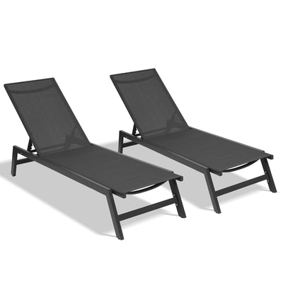 Outdoor 2-Pcs Set Chaise Lounge Chairs, Five-Position Adjustable Aluminum Recliner,All Weather For Patio, Beach, Yard, Pool ( Gray Frame/ Black Fabric)