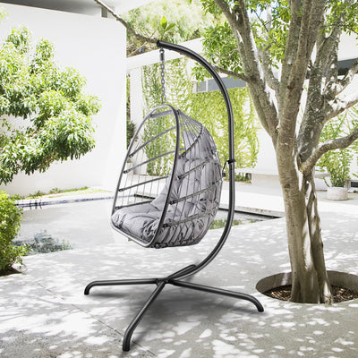 Swing Egg Chair with Stand Indoor Outdoor Wicker Rattan Patio Basket Hanging Chair with C Type bracket , with cushion and pillow (Prohibited to sell on Amazon)