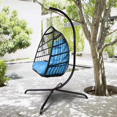 Swing Egg Chair with Stand Indoor Outdoor Wicker Rattan Patio Basket Hanging Chair with C Type bracket , with cushion and pillow,Blue