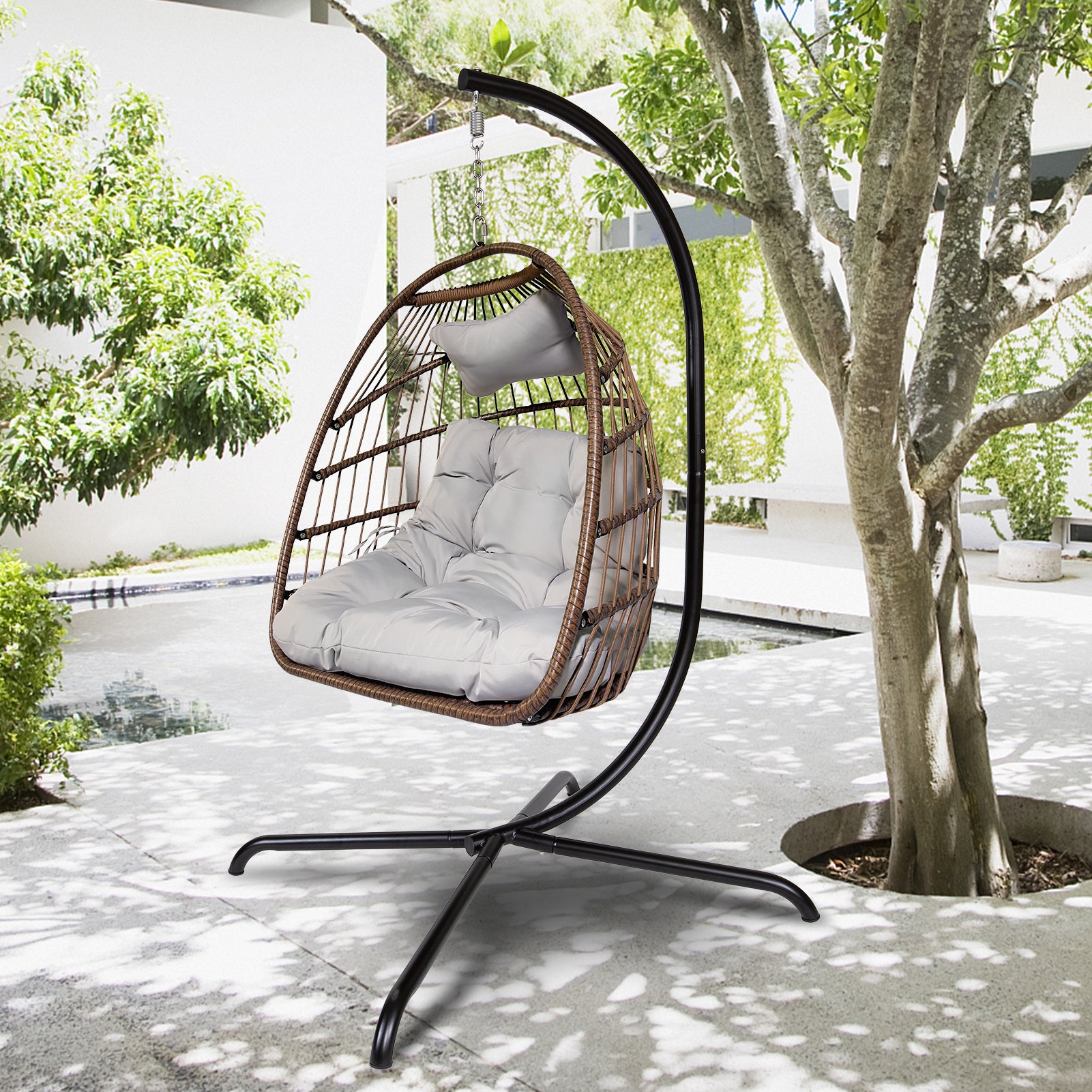 Swing Egg Chair with Stand Indoor Outdoor Wicker Rattan Patio Basket Hanging Chair with C Type bracket , with cushion and pillow,Beige (Banned from selling on Amazon, Walmart)