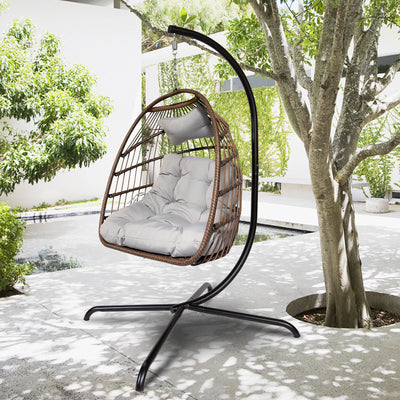 Swing Egg Chair with Stand Indoor Outdoor Wicker Rattan Patio Basket Hanging Chair with C Type bracket , with cushion and pillow,Beige (Banned from selling on Amazon, Walmart)