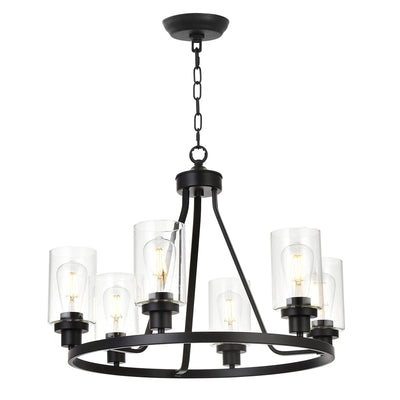 Wheel Chandelier Pendant Black Lighting Fixtures Hanging Wagon Farmhouse Chandelier Lighting Round 6 Lights Glass Shade Ceiling Hanging Vintage Rustic Chandelier Dining Room Kitchen Pendant