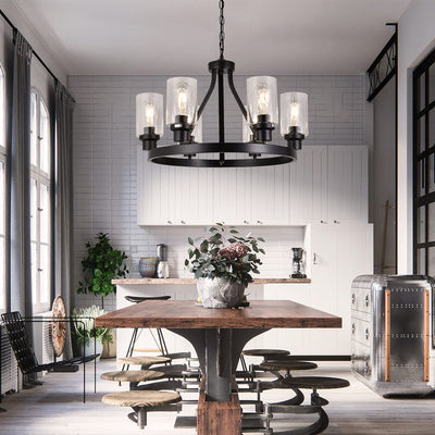 Wheel Chandelier Pendant Black Lighting Fixtures Hanging Wagon Farmhouse Chandelier Lighting Round 6 Lights Glass Shade Ceiling Hanging Vintage Rustic Chandelier Dining Room Kitchen Pendant