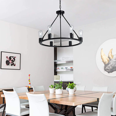 Round Chandelier Kitchen Island Light Fixture, 6-Light Farmhouse Chandelier Wagon Wheel Pendant Light, Rustic Chandelier Black for Dining Room Bedroom Living Room Hallway Entryway Foyer