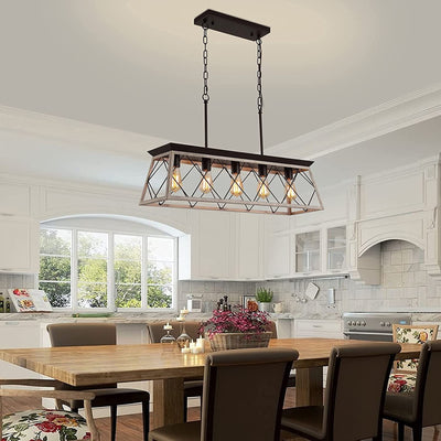 Farmhouse Rectangular Chandelier Rustic, 5-Lights Kitchen Island Lighting, Linear Island Light Fixture Farmhouse Pendant Lighting Fixtures for Dining Room Pool Table