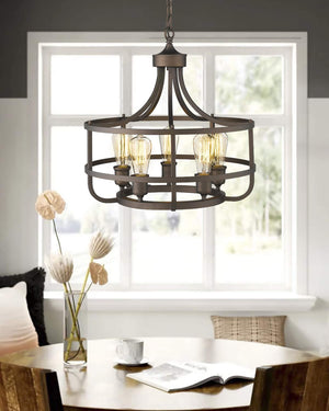 5 Lights Farmhouse Round Chandelier, 19.6inches Rustic Kitchen Island Dining Room Light Fixture, Black Wrought Iron Pendant Chandelier for Corridor, Restaurant