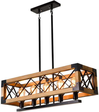 Farmhouse Chandelier for Dining Room, 5-Light Rectangular Chandelier, Wood Kitchen Island Lighting, 31.5'' L