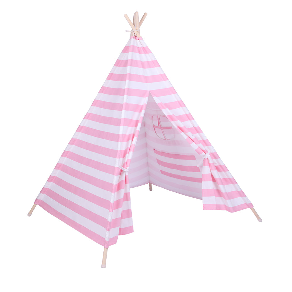 Indian Tent Children Teepee Tent Baby Indoor Dollhouse with Small Coloured Flags roller shade and pocket Pink and White Stripes