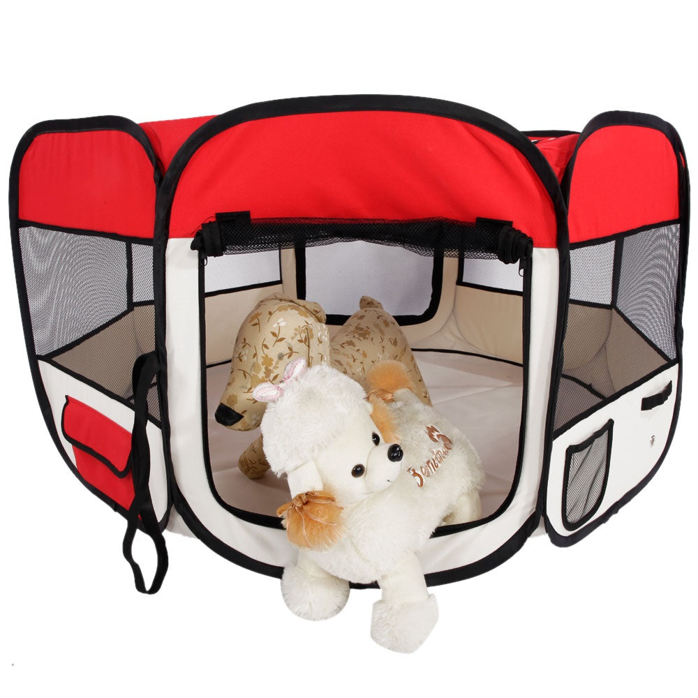 45" Portable Foldable 600D Oxford Cloth & Mesh Pet Playpen Fence with Eight Panels  Red