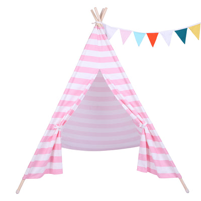 Indian Tent Children Teepee Tent Baby Indoor Dollhouse with Small Coloured Flags roller shade and pocket Pink and White Stripes