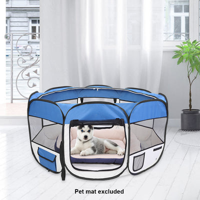 45" Portable Foldable 600D Oxford Cloth & Mesh Pet Playpen Fence with Eight Panels  Blue