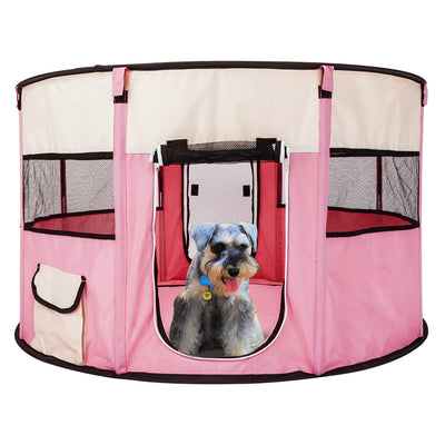 45" Circular Portable Foldable 600D Oxford Cloth & Mesh Pet Playpen Fence with Eight Panels Pink