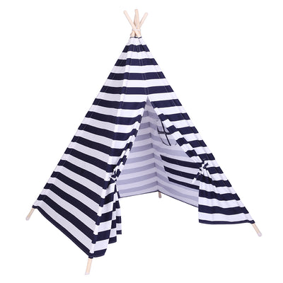 Indian Tent Children Teepee Tent Baby Indoor Dollhouse with Small Coloured Flags roller shade and pocket Blue and White Stripes
