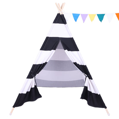 Indian Tent Children Teepee Tent Baby Indoor Dollhouse with Small Coloured Flags roller shade and pocket Black and White Stripes