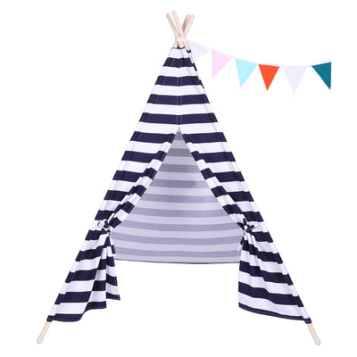 Indian Tent Children Teepee Tent Baby Indoor Dollhouse with Small Coloured Flags roller shade and pocket Blue and White Stripes