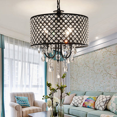 SEFINN FOUR 4 Lights K9 Crystal Chandelier with Round Metal Shade, Drum Chandelier for Dining Room Bedroom Living Room