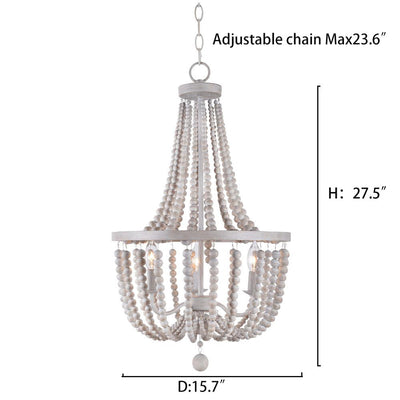 SEFINN FOUR 3-Light Wooden Beaded Chandelier Farmhouse Pandant Ceiling Light Fixture for Dinning Room Kitchen Living Room White