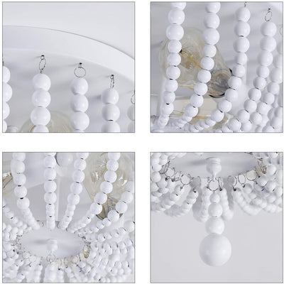 SEFINN FOUR 3-Light Wooden Beaded Chandelier Farmhouse Ceiling Light Fixture for Dinning Room Kitchen White