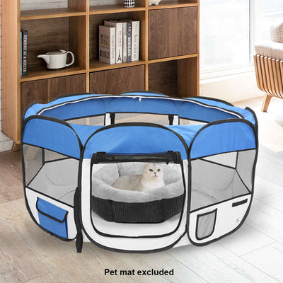 57" Portable Foldable 600D Oxford Cloth & Mesh Pet Playpen Fence with Eight Panels Blue